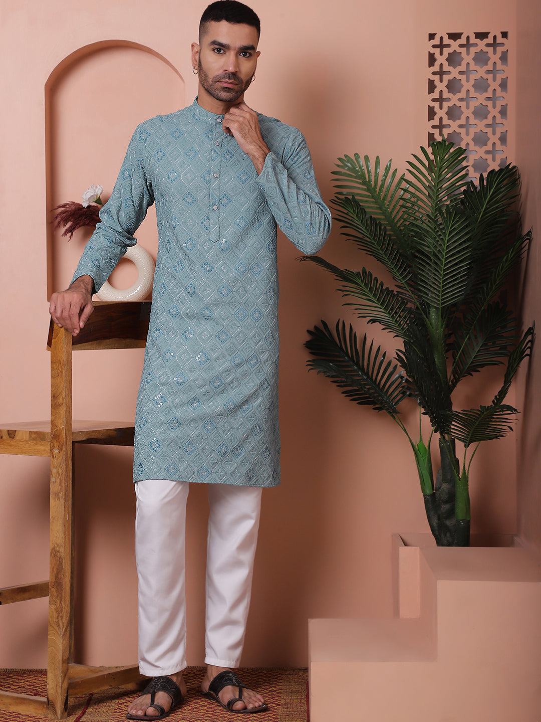 Men's Sequins and Embroidered Kurta with Pyjama