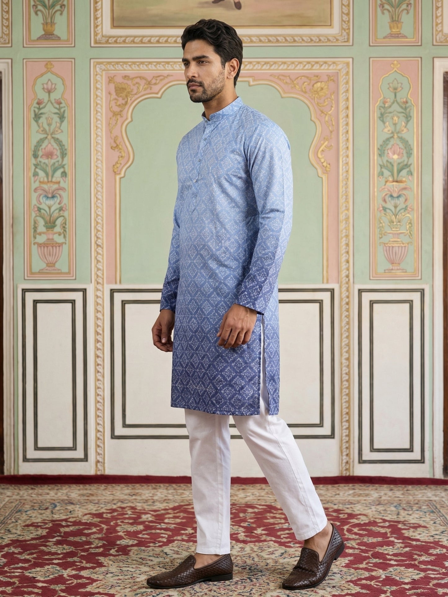 Blue Ombre Printed Kurta Pyjama Set For Men ( JOKP P 5074Blue )