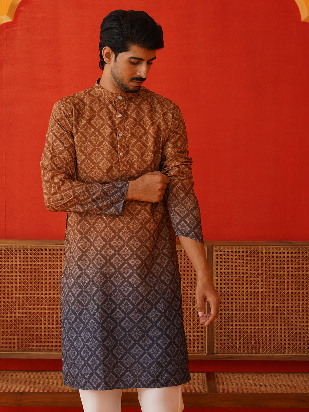 Brown Ombre Printed Kurta Pyjama Set For Men ( JOKP P 5074Brown )