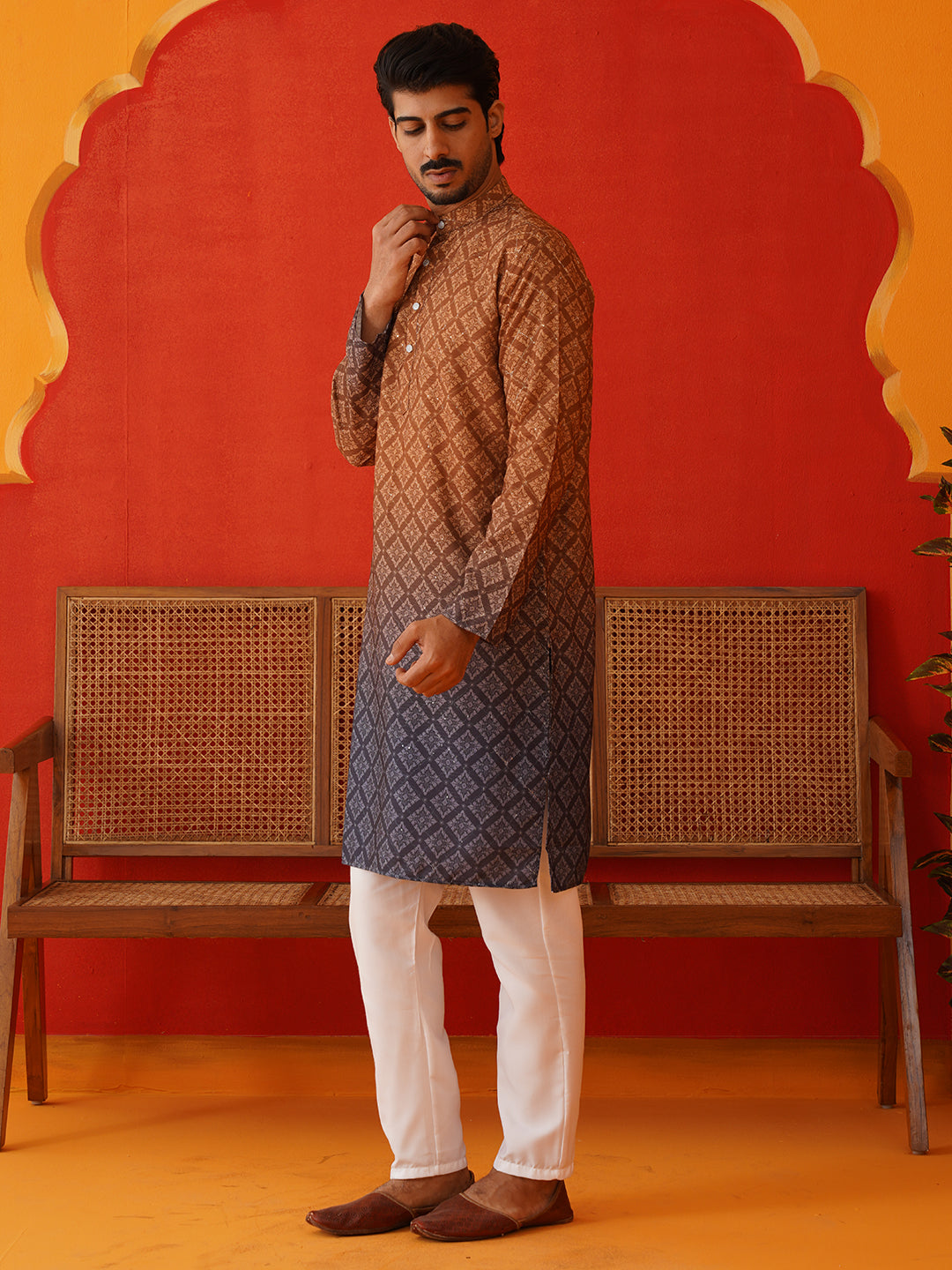 Brown Ombre Printed Kurta Pyjama Set For Men ( JOKP P 5074Brown )