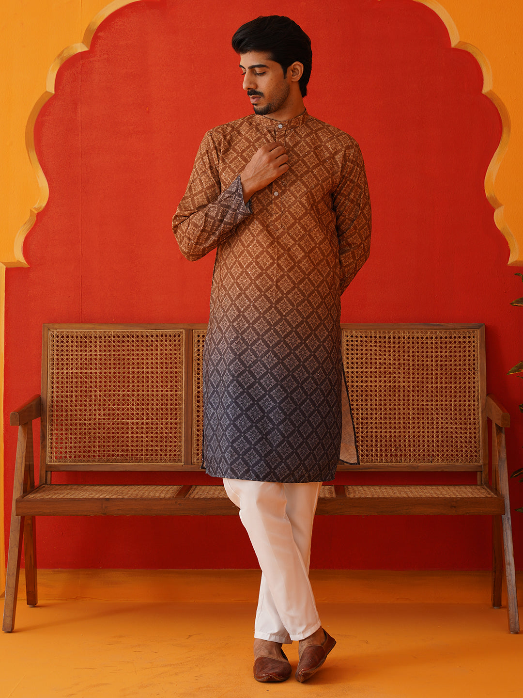 Brown Ombre Printed Kurta Pyjama Set For Men ( JOKP P 5074Brown )