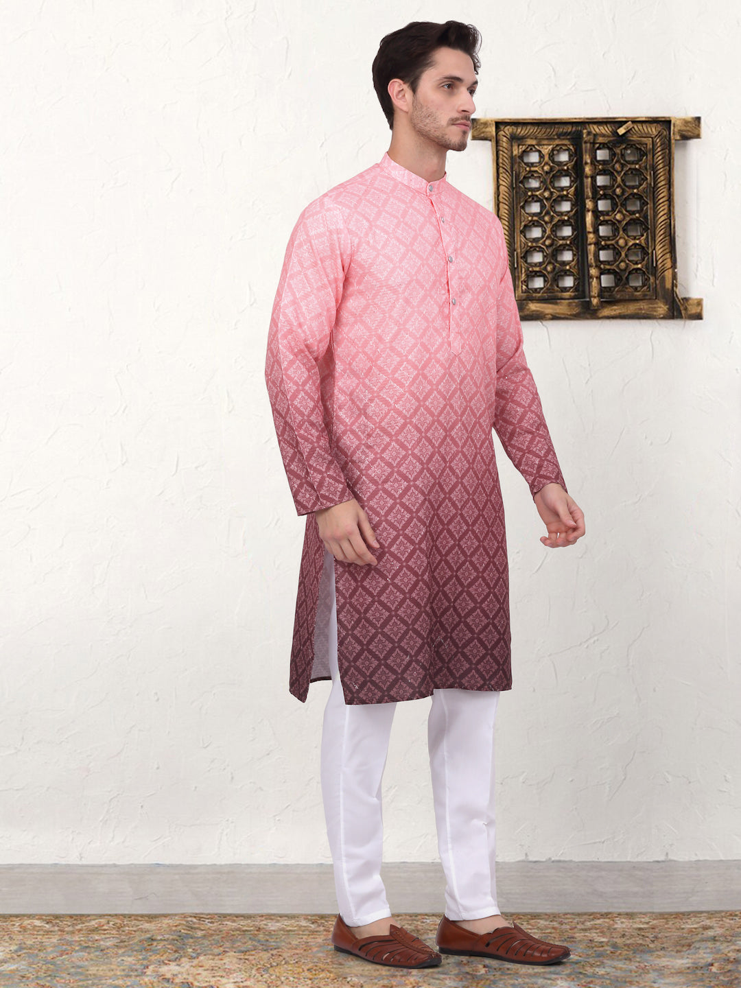Men's Coral Red Ombre Printed Kurta Pyjama Set