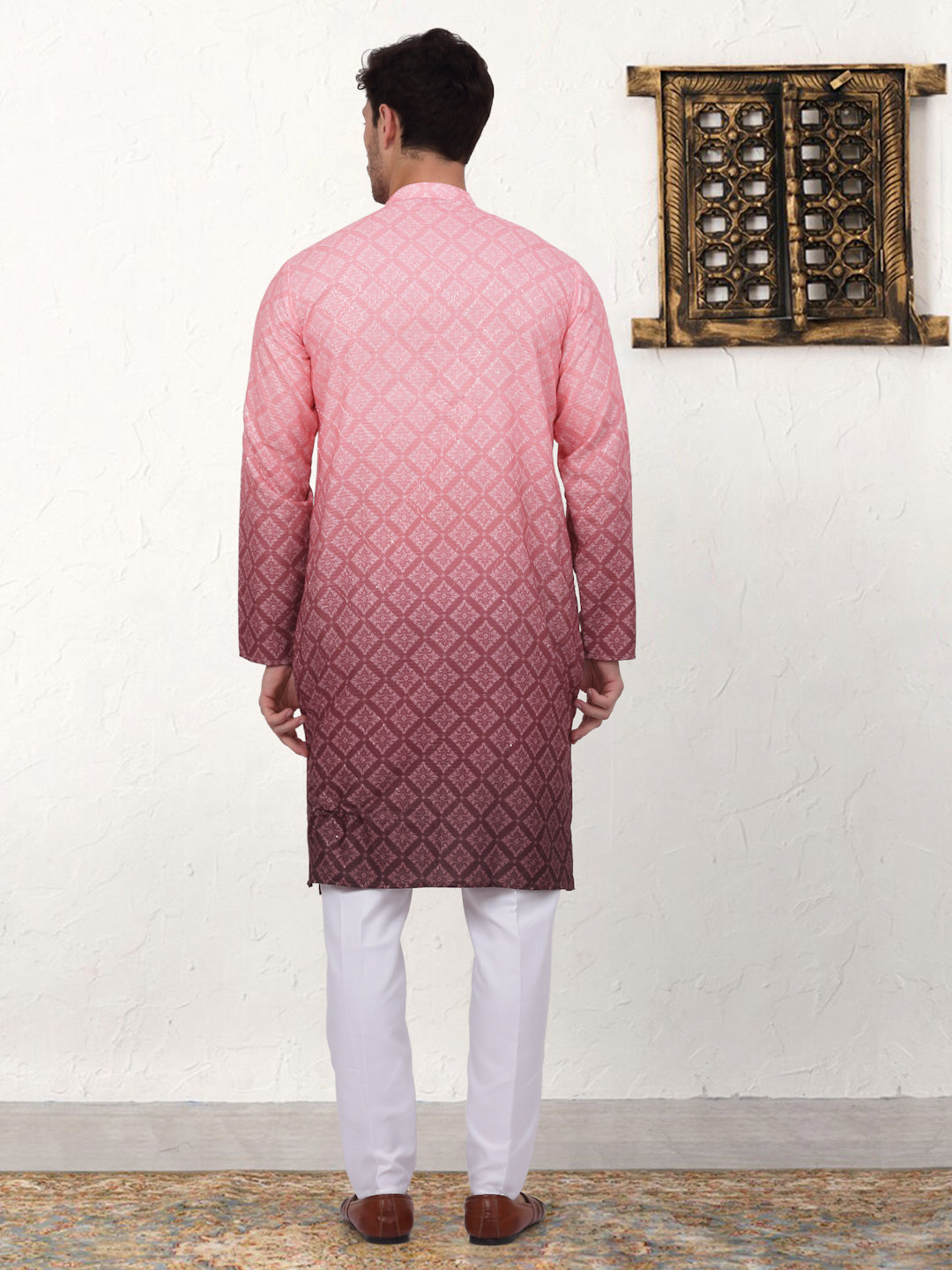 Men's Coral Red Ombre Printed Kurta Pyjama Set