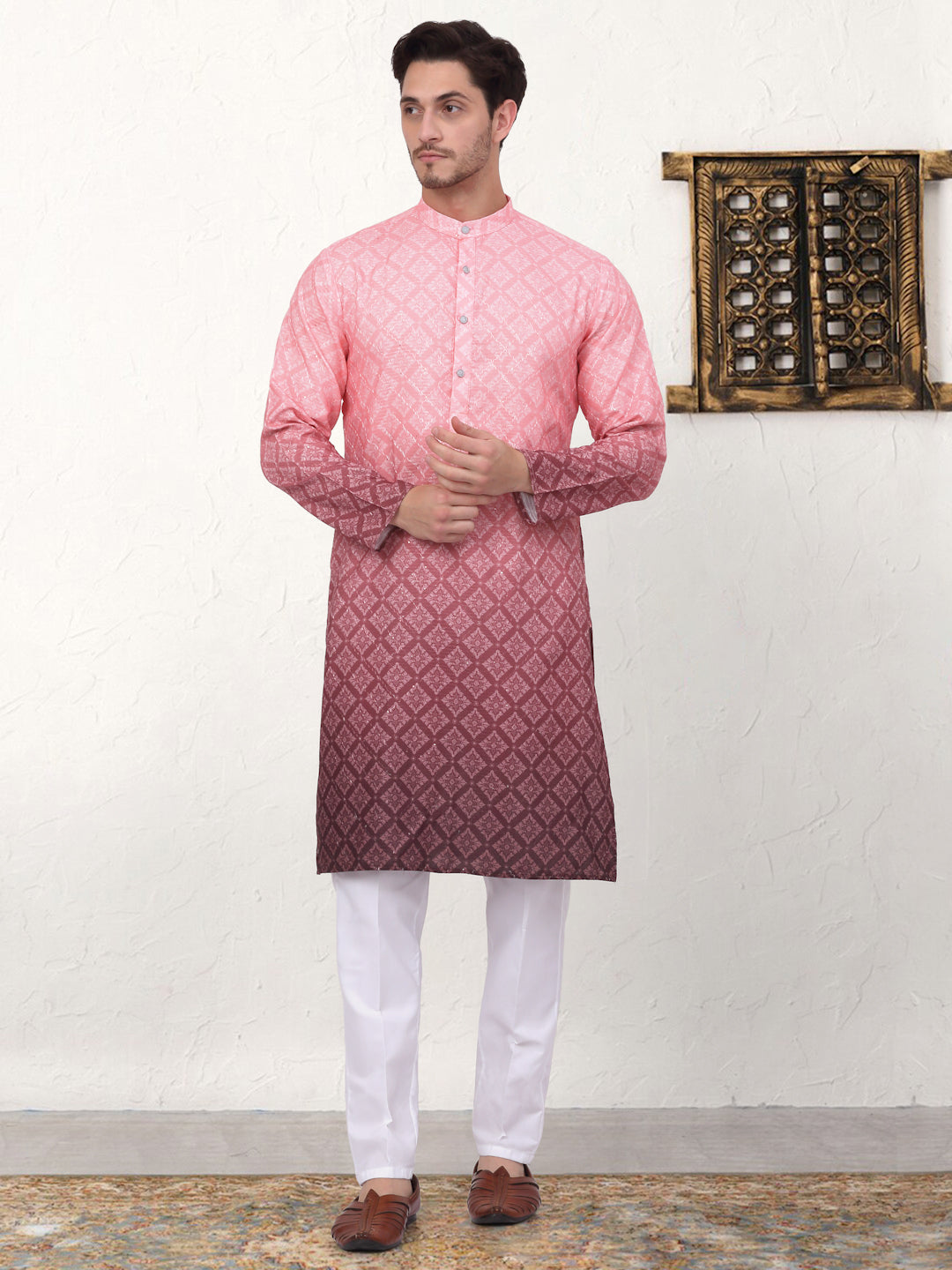 Men's Coral Red Ombre Printed Kurta Pyjama Set
