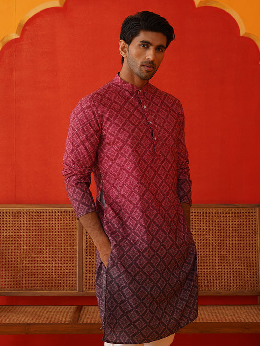 Maroon Ombre Printed Kurta Pyjama Set For Men ( JOKP P 5074Maroon )