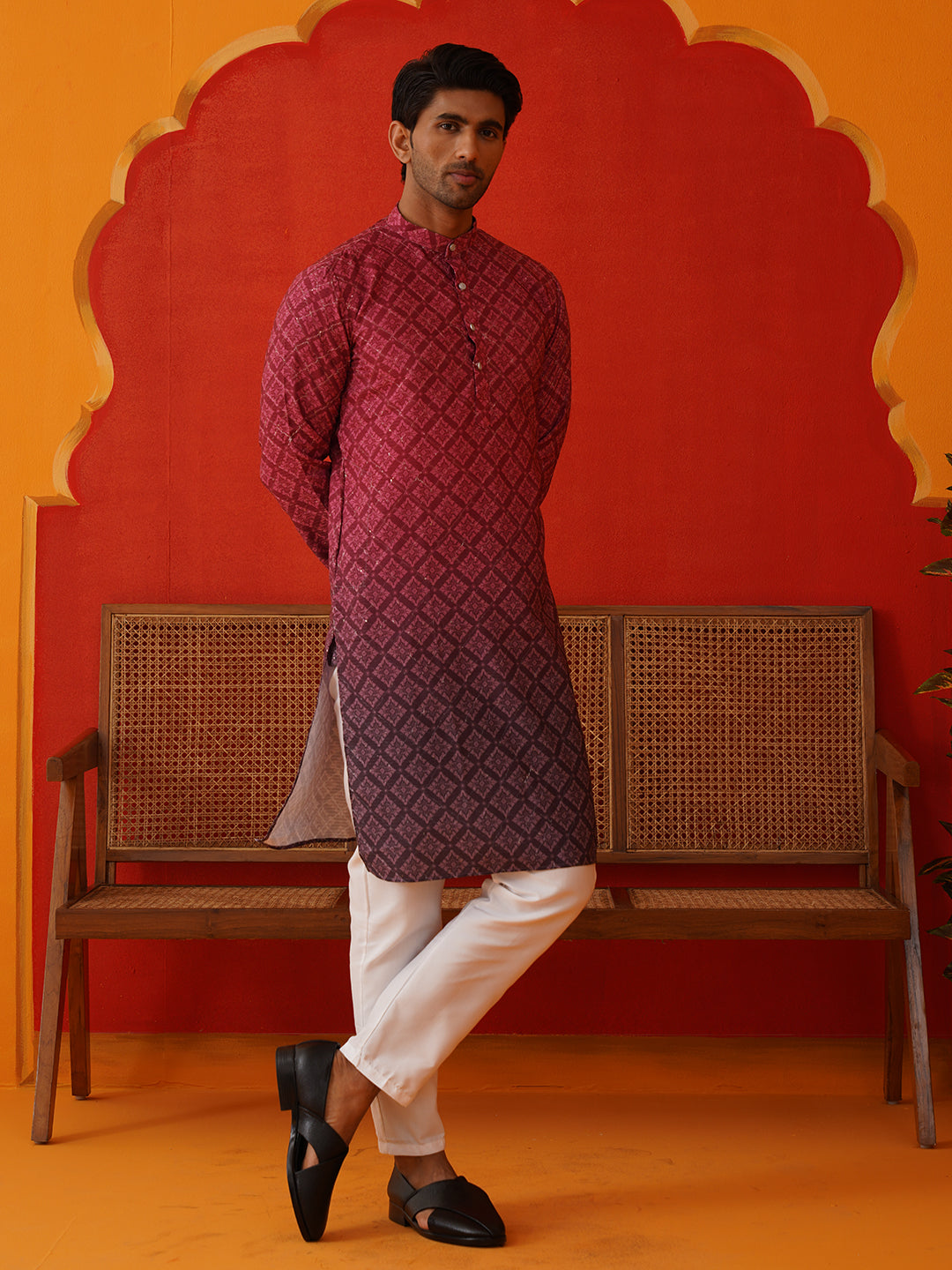 Maroon Ombre Printed Kurta Pyjama Set For Men ( JOKP P 5074Maroon )
