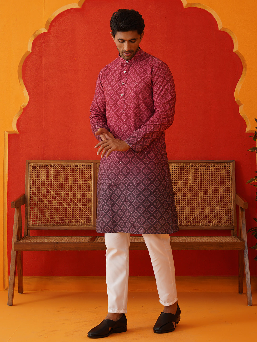 Maroon Ombre Printed Kurta Pyjama Set For Men ( JOKP P 5074Maroon )
