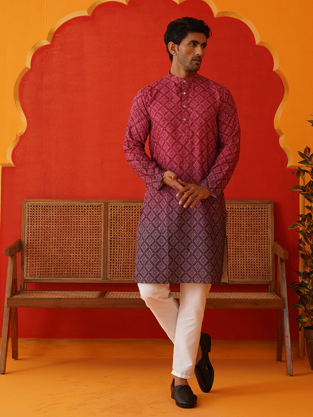 Maroon Ombre Printed Kurta Pyjama Set For Men ( JOKP P 5074Maroon )