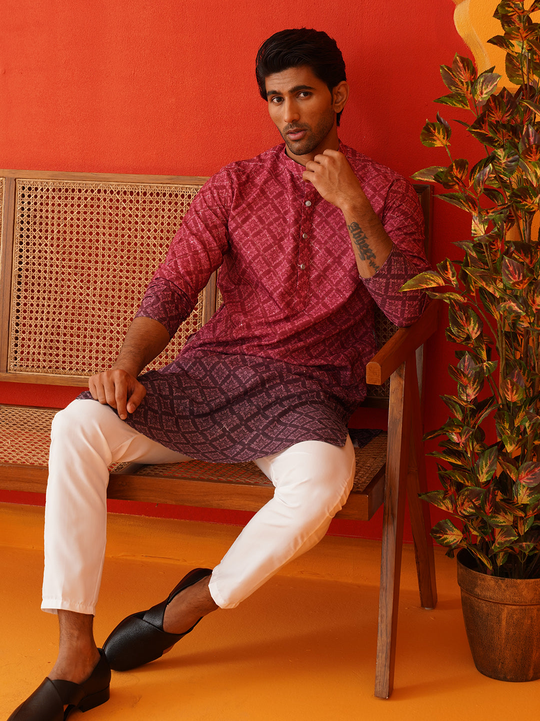 Maroon Ombre Printed Kurta Pyjama Set For Men ( JOKP P 5074Maroon )