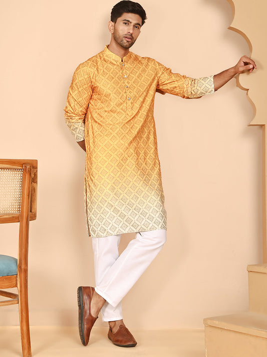 Ombre Printed Kurta Pyjama Set For Men ( JOKP P 5074 P 5074 Mustard ) [FF] [K-7-12]
