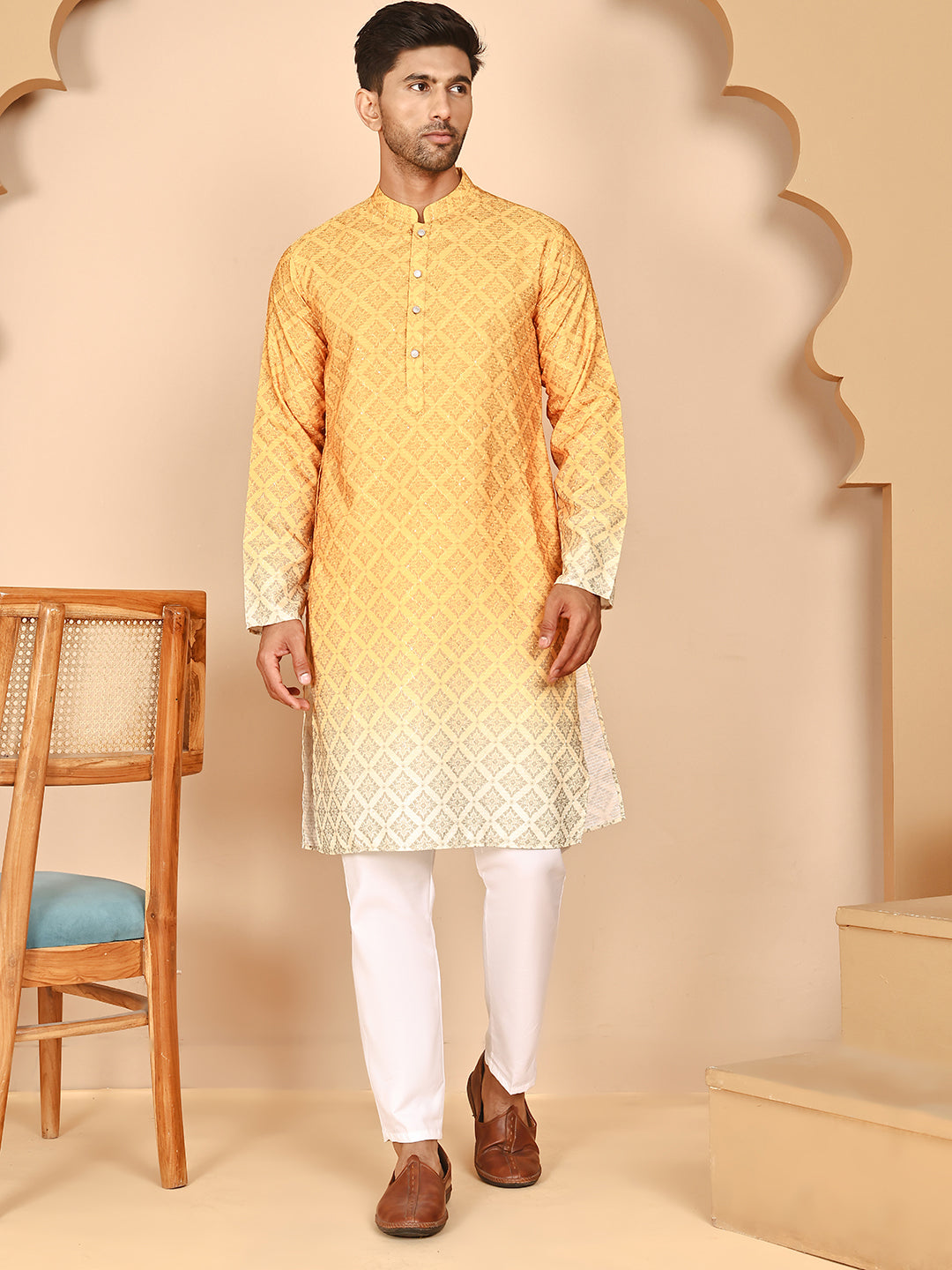 Ombre Printed Kurta Pyjama Set For Men ( JOKP P 5074 P 5074 Mustard ) [FF] [K-7-12]