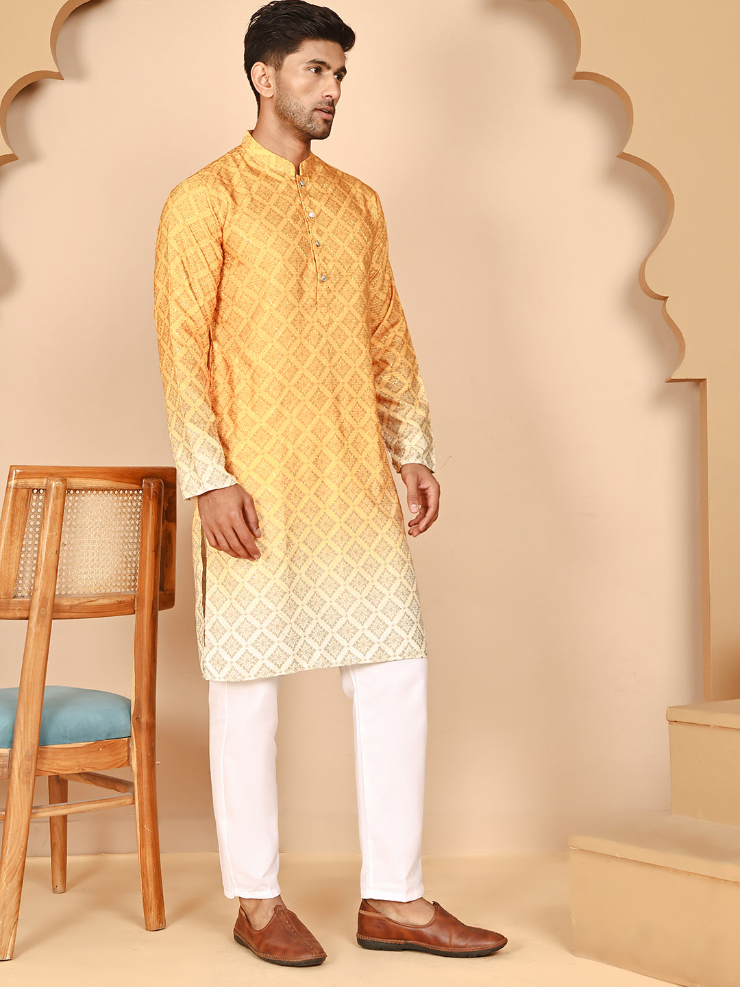 Ombre Printed Kurta Pyjama Set For Men ( JOKP P 5074 P 5074 Mustard ) [FF] [K-7-12]