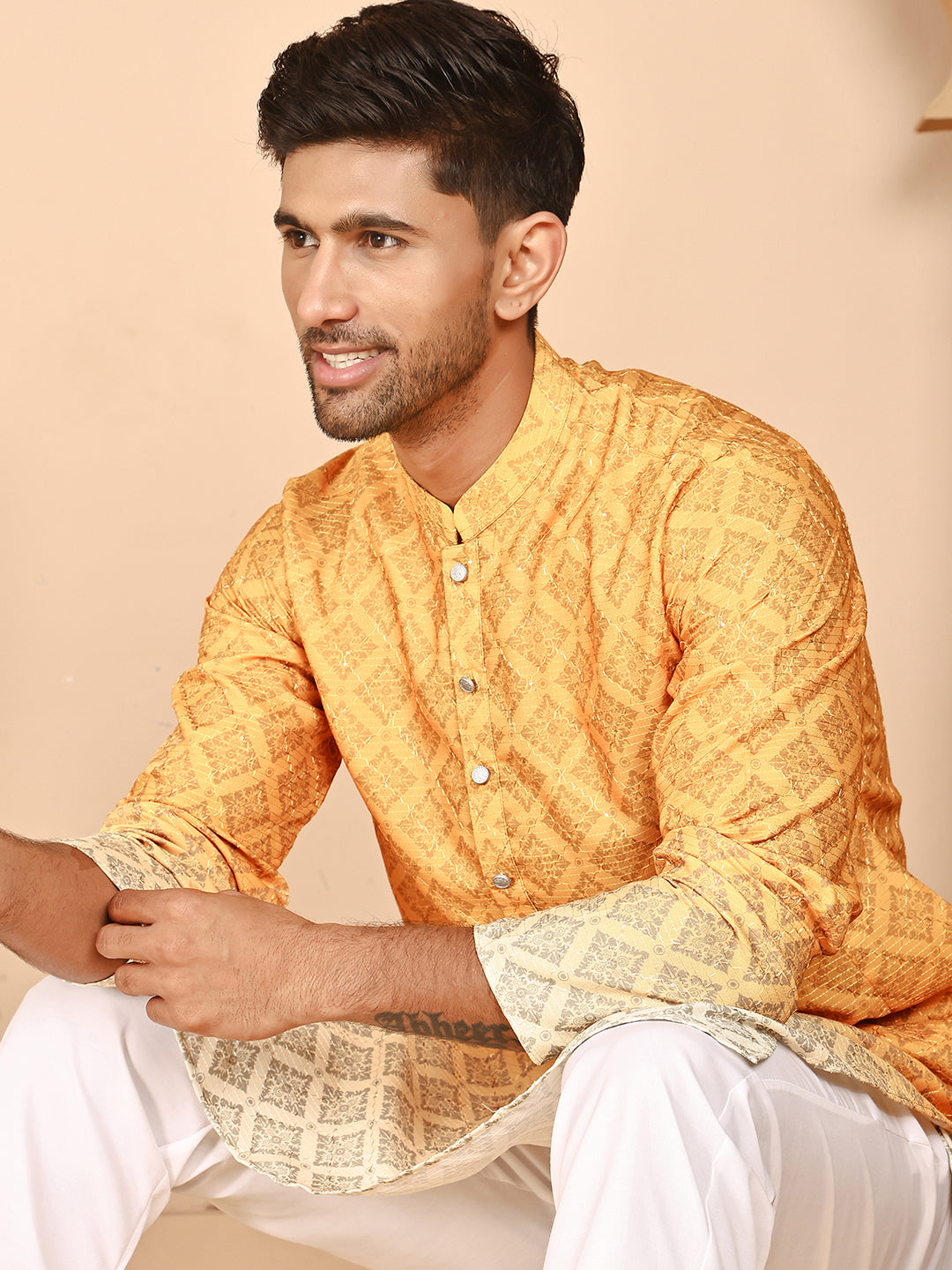 Ombre Printed Kurta Pyjama Set For Men ( JOKP P 5074 P 5074 Mustard ) [FF] [K-7-12]