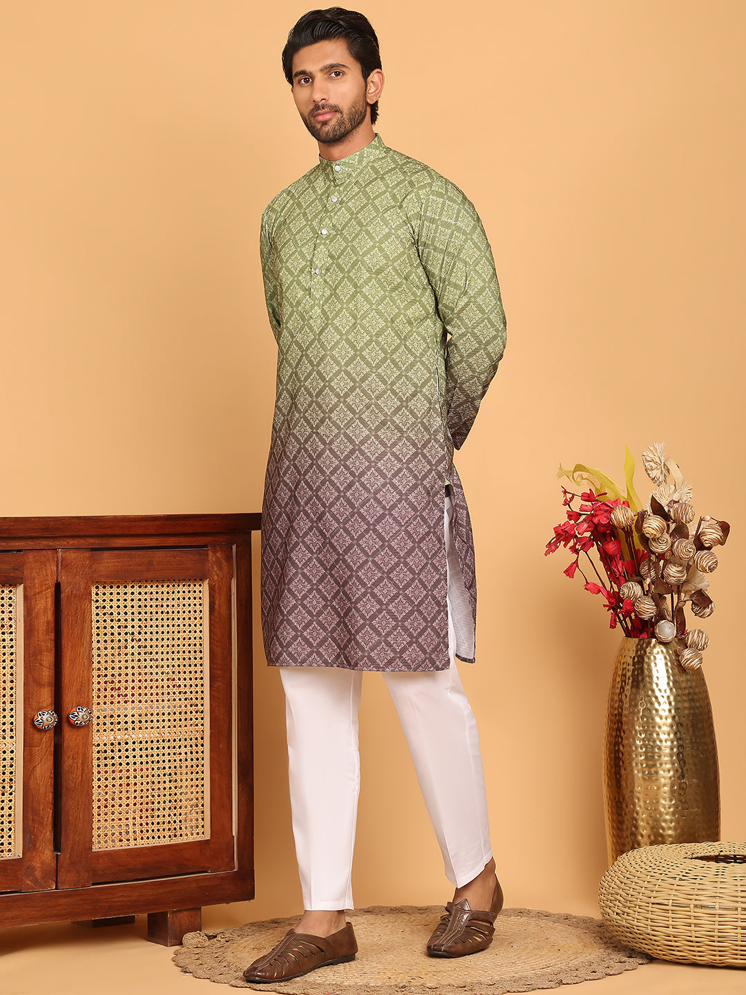 Olive Green Ombre Printed Kurta Pyjama Set For Men ( JOKP P 5074 Olive )