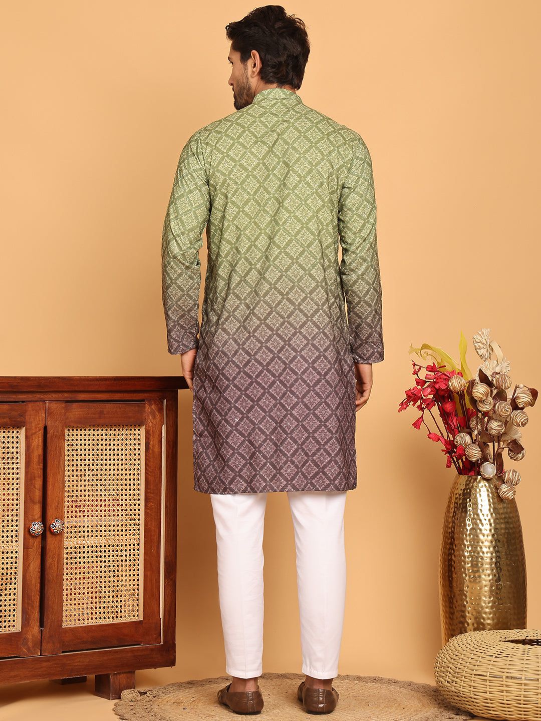 Olive Green Ombre Printed Kurta Pyjama Set For Men ( JOKP P 5074 Olive )