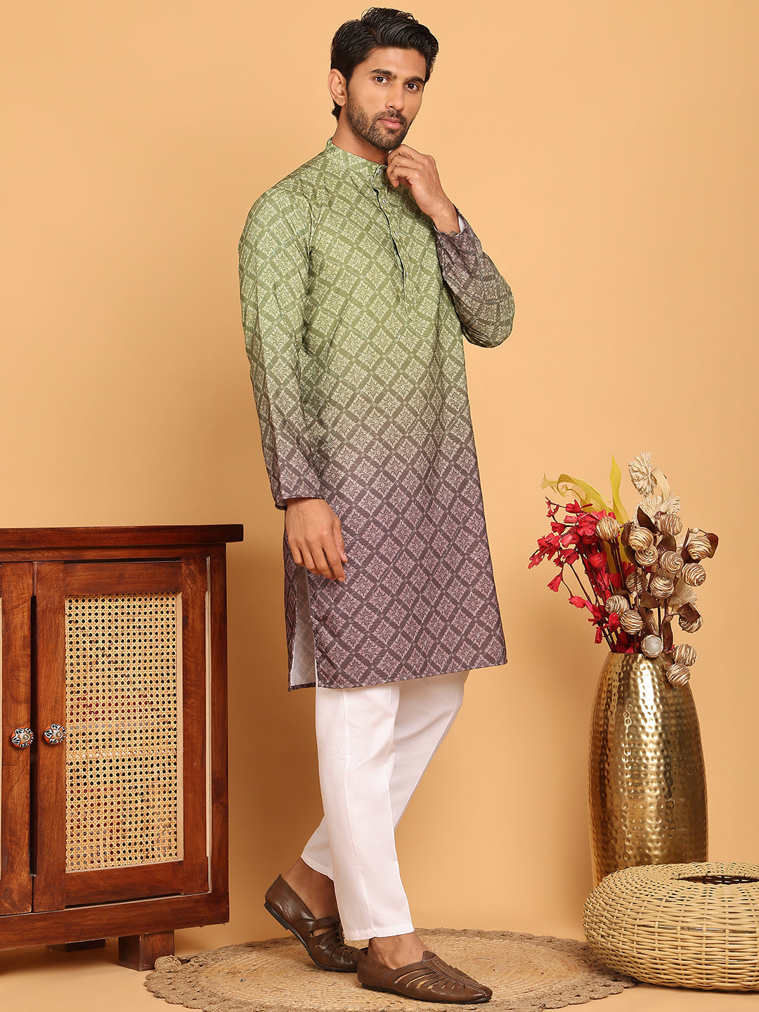 Olive Green Ombre Printed Kurta Pyjama Set For Men ( JOKP P 5074 Olive )