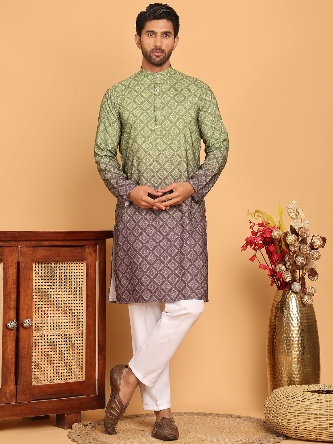 Olive Green Ombre Printed Kurta Pyjama Set For Men ( JOKP P 5074 Olive )