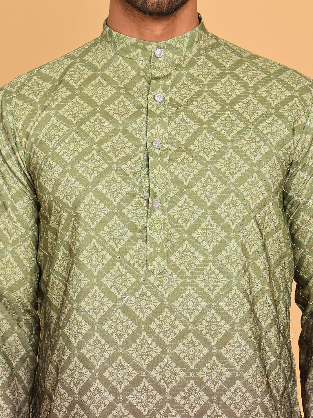 Olive Green Ombre Printed Kurta Pyjama Set For Men ( JOKP P 5074 Olive )