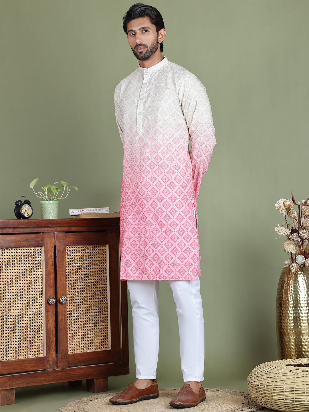 Peach Ombre Printed Kurta Pyjama Set For Men ( JOKP 5074Peach )