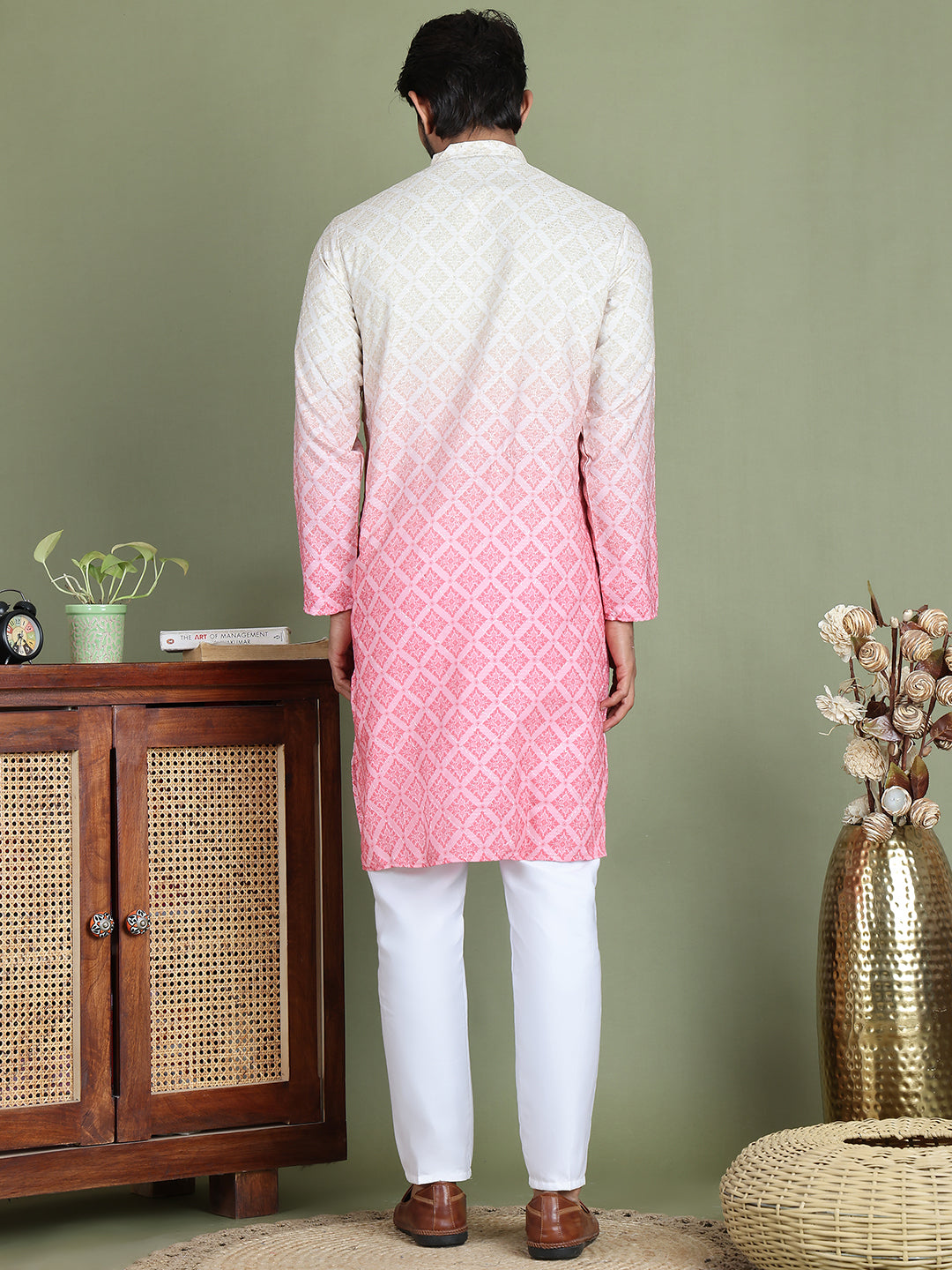 Peach Ombre Printed Kurta Pyjama Set For Men ( JOKP 5074Peach )