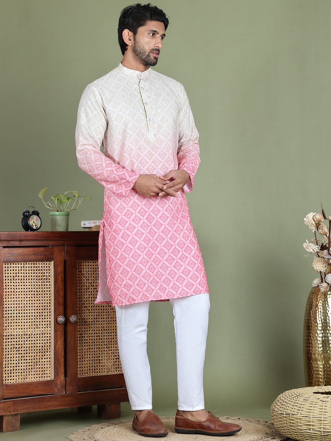 Peach Ombre Printed Kurta Pyjama Set For Men ( JOKP 5074Peach )