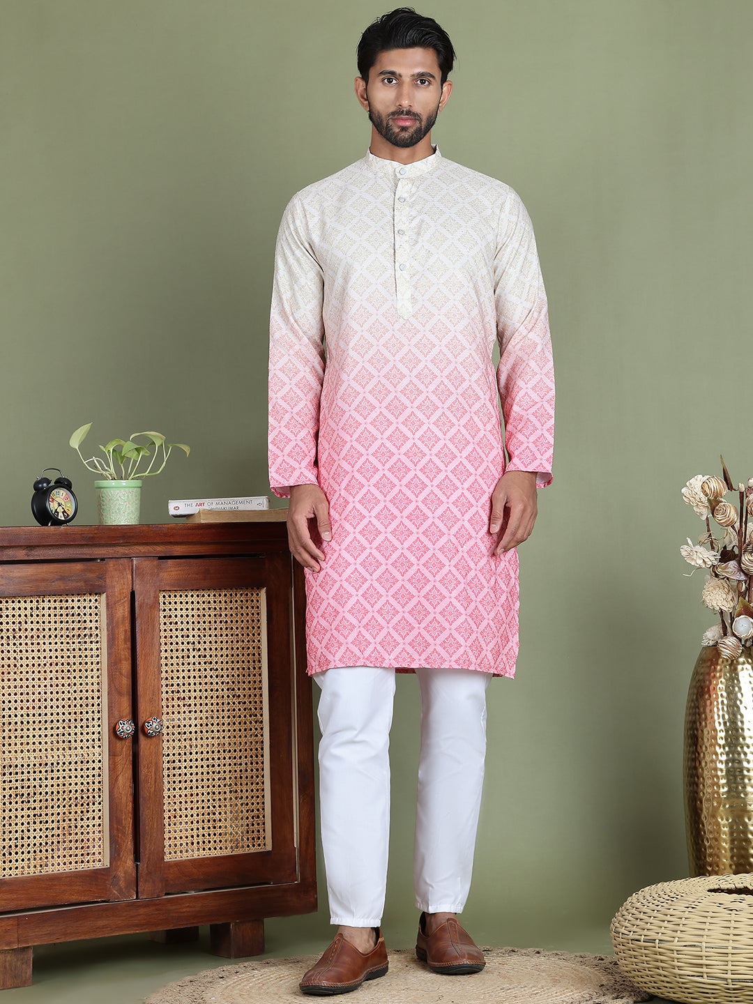 Peach Ombre Printed Kurta Pyjama Set For Men ( JOKP 5074Peach )