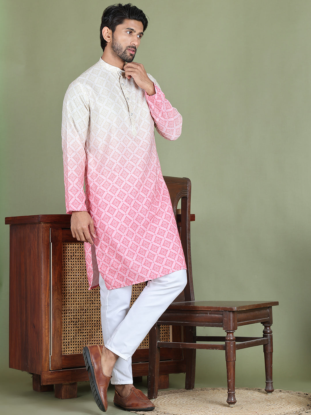 Peach Ombre Printed Kurta Pyjama Set For Men ( JOKP 5074Peach )