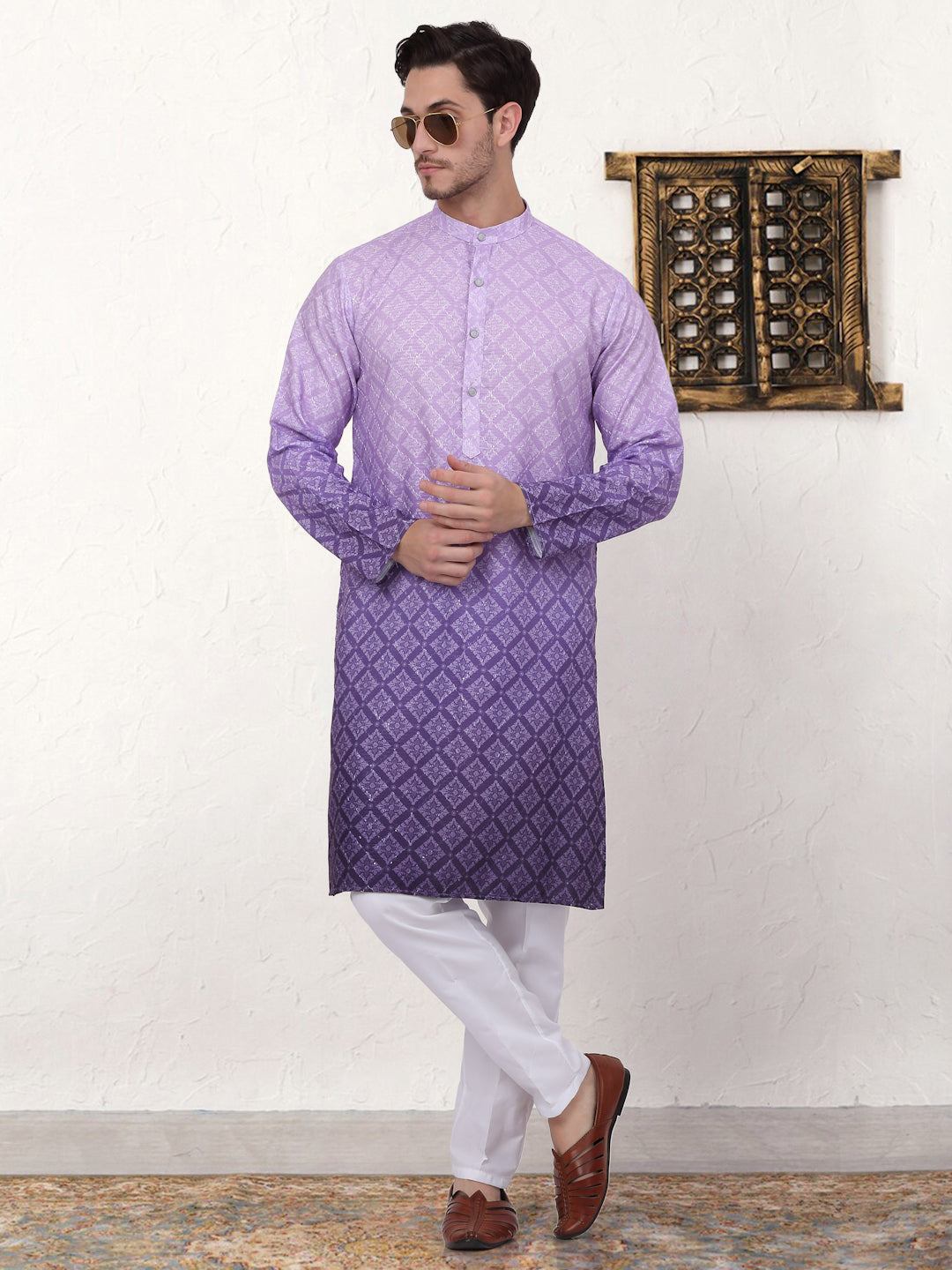 Men's Purple Ombre Printed Kurta Pyjama Set