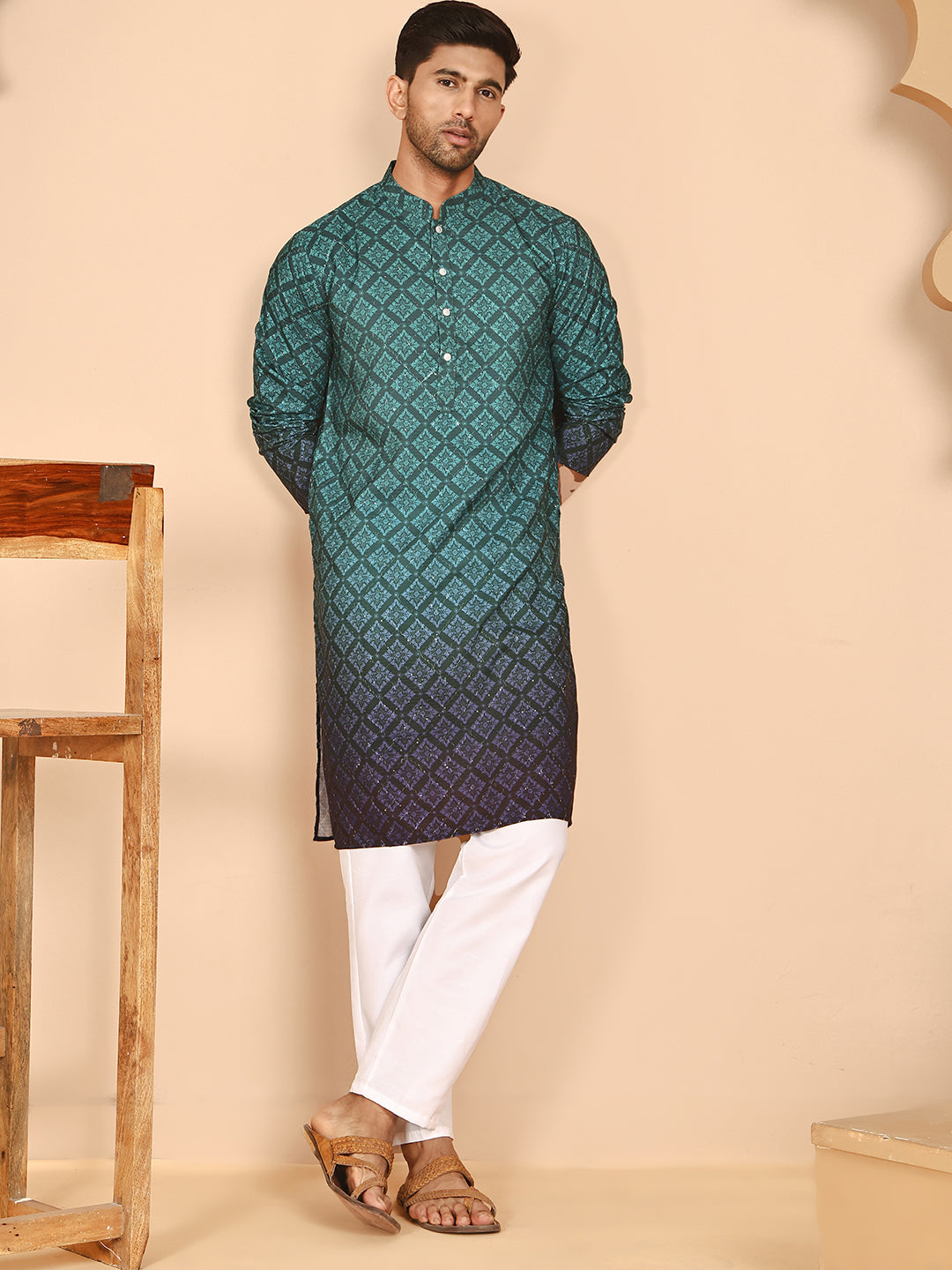 Ombre Printed Kurta Pyjama Set For Men ( JOKP P 5074 P 5074 Teal ) [FF] [K-7-12]