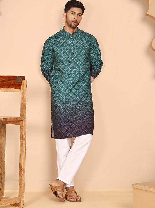 Ombre Printed Kurta Pyjama Set For Men ( JOKP P 5074 P 5074 Teal ) [FF] [K-7-12]