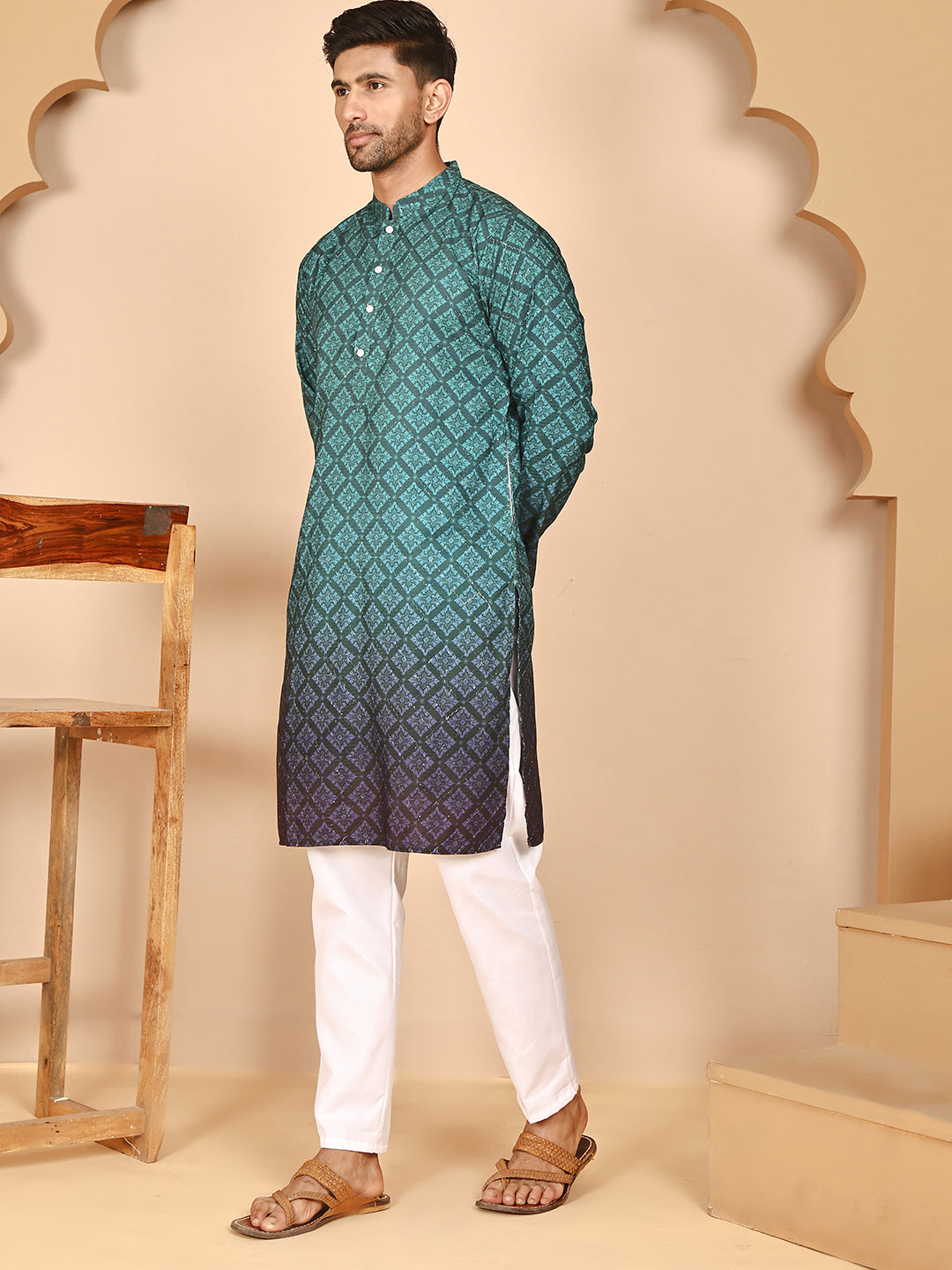 Ombre Printed Kurta Pyjama Set For Men ( JOKP P 5074 P 5074 Teal ) [FF] [K-7-12]