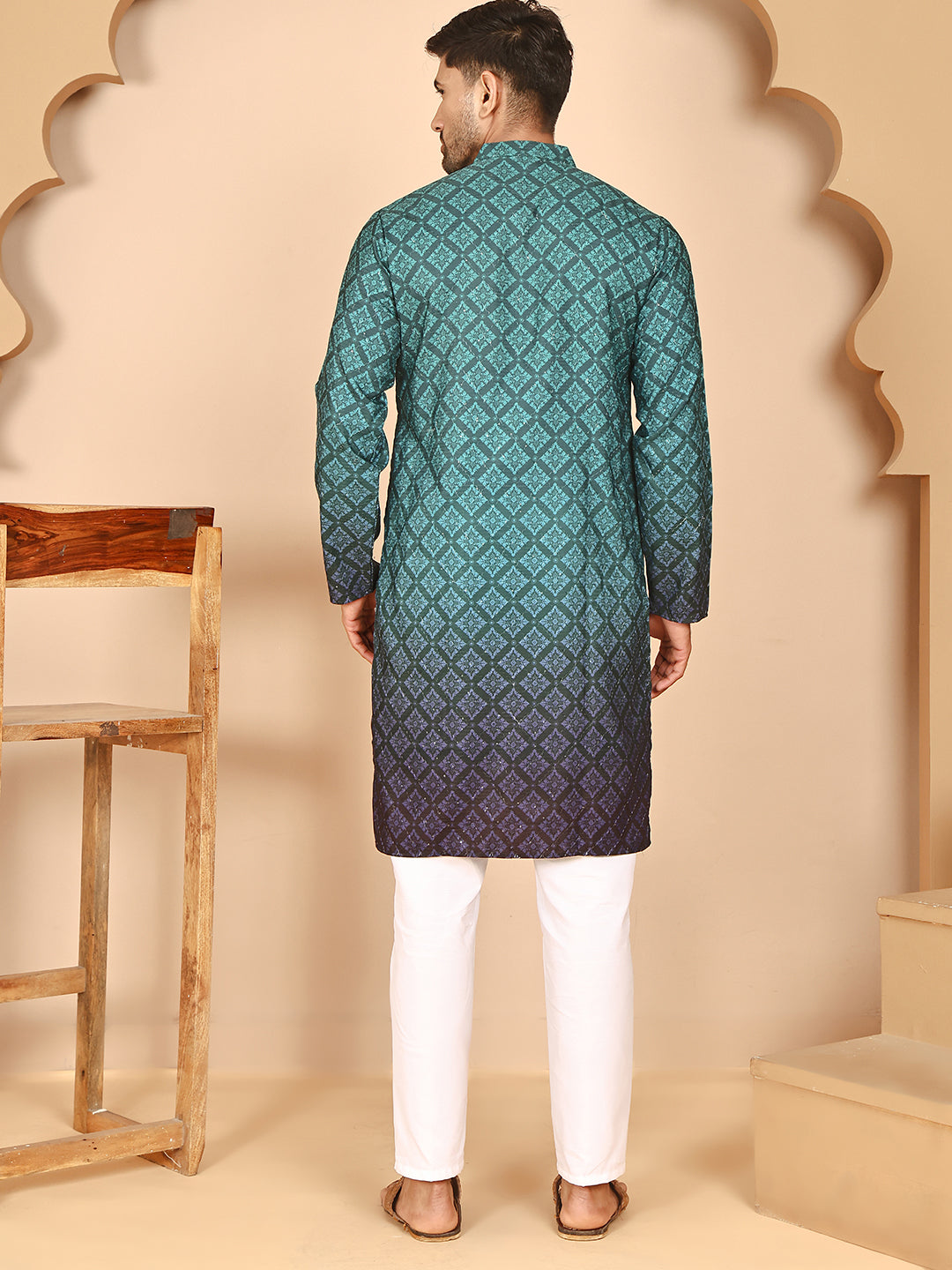 Ombre Printed Kurta Pyjama Set For Men ( JOKP P 5074 P 5074 Teal ) [FF] [K-7-12]