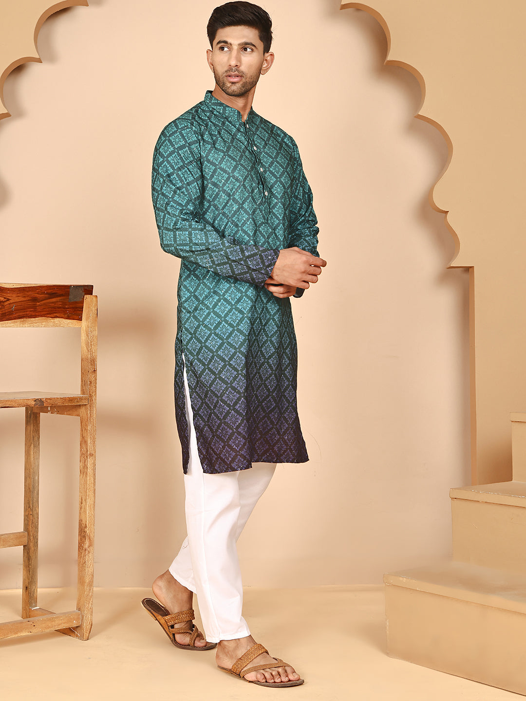 Ombre Printed Kurta Pyjama Set For Men ( JOKP P 5074 P 5074 Teal ) [FF] [K-7-12]