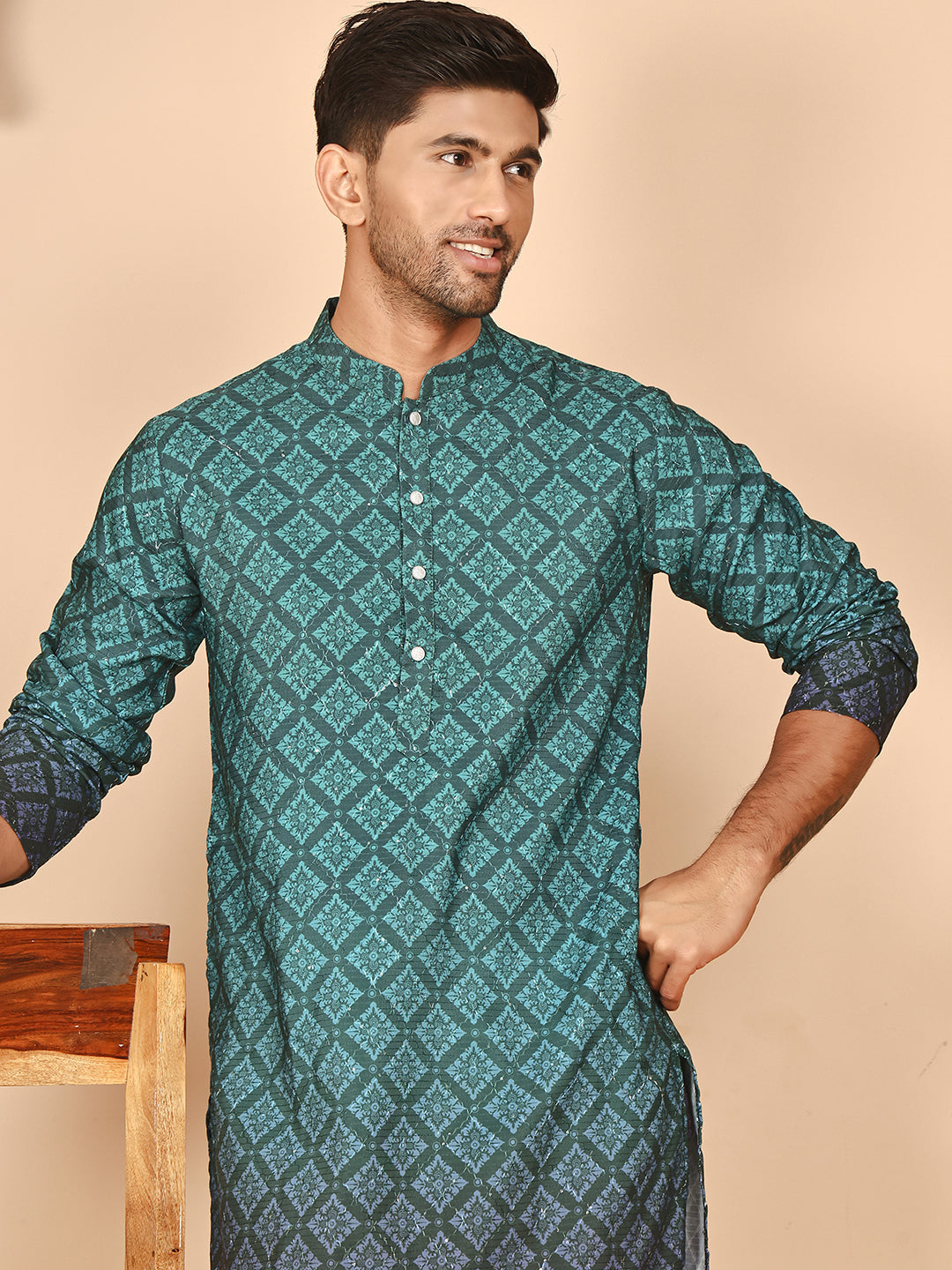 Ombre Printed Kurta Pyjama Set For Men ( JOKP P 5074 P 5074 Teal ) [FF] [K-7-12]