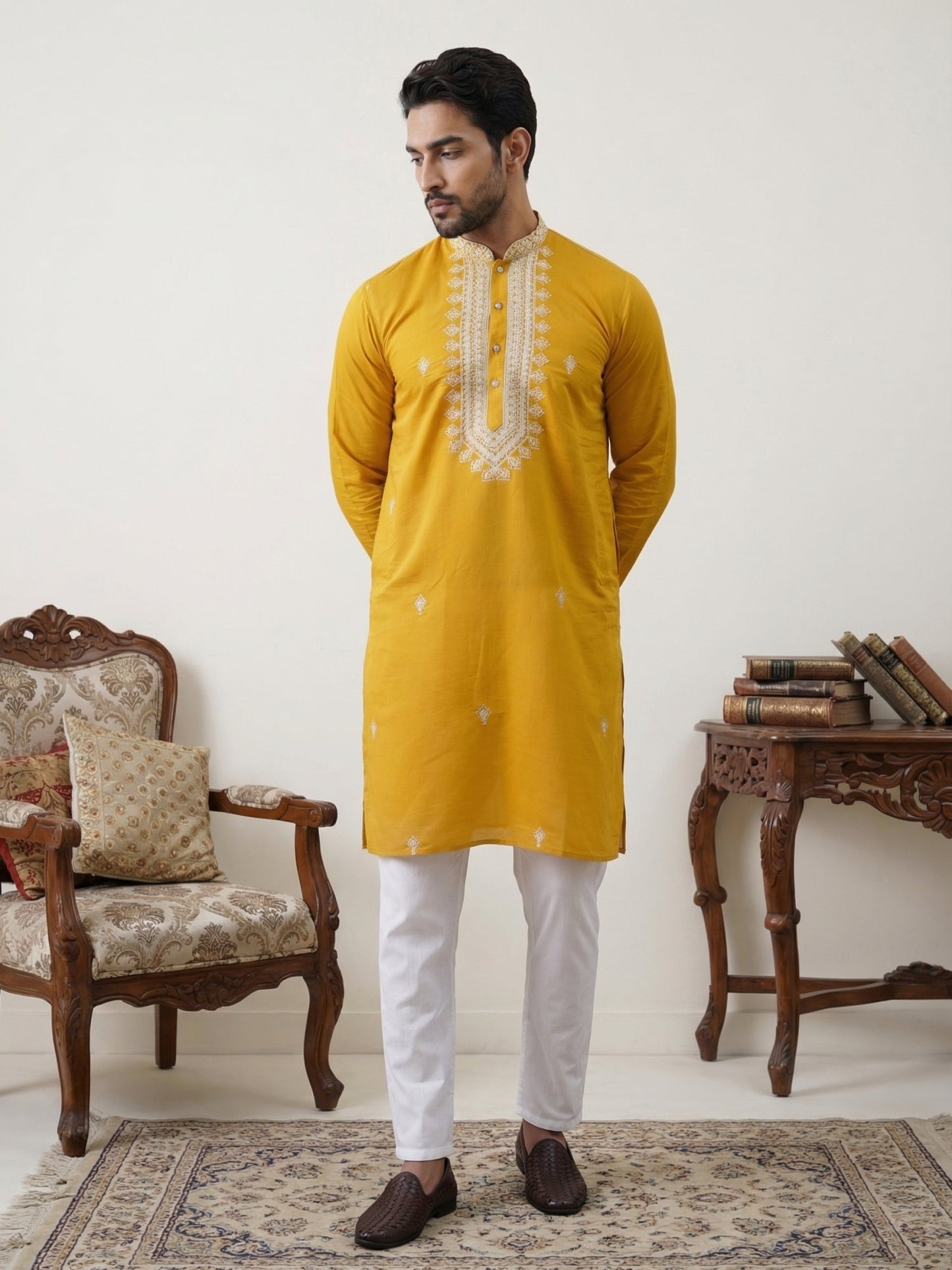 Silk Blend Embroidered Ethnic Kurta Pyjama Set ( JOKP 5075Mustard )