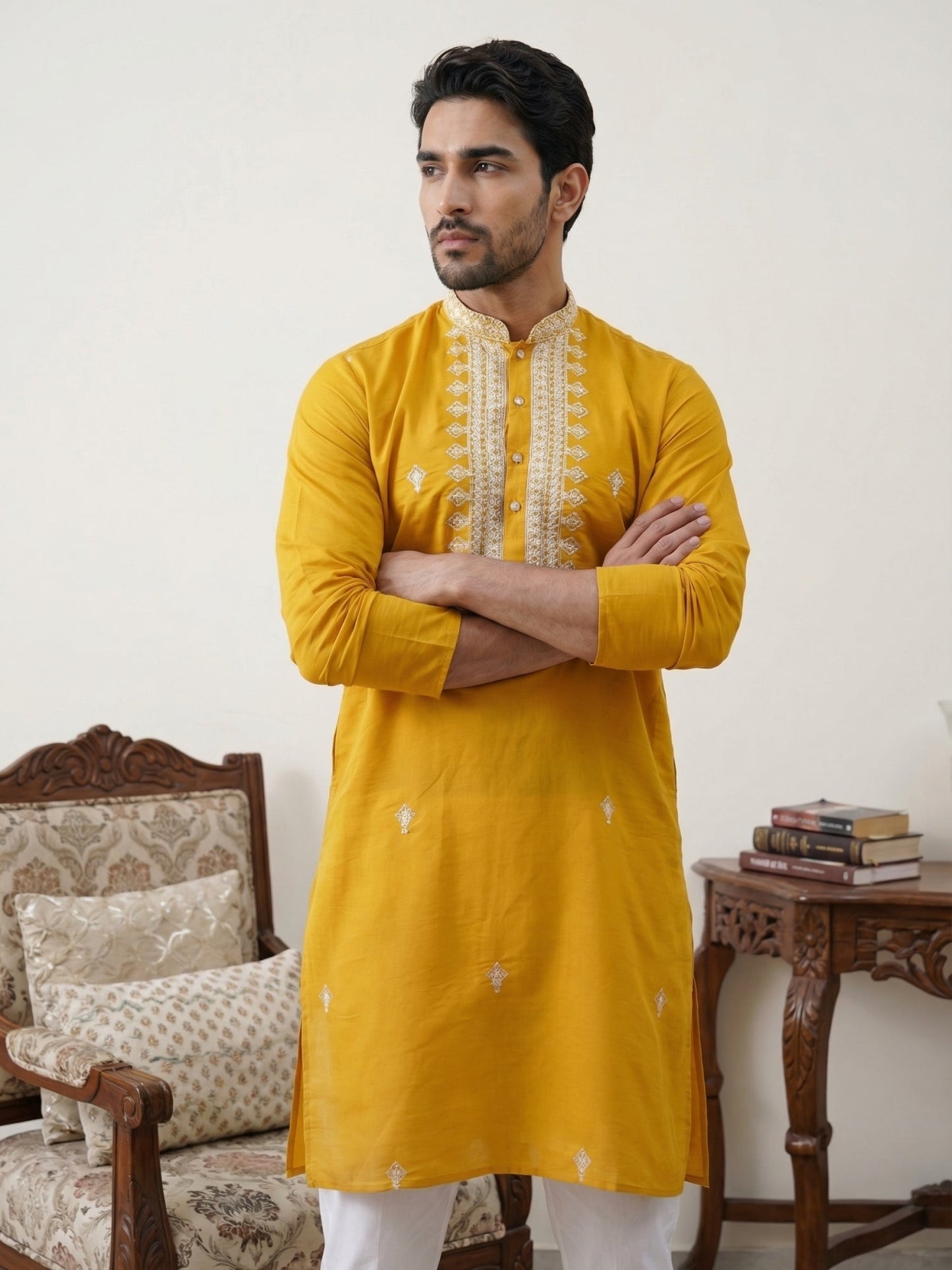 Silk Blend Embroidered Ethnic Kurta Pyjama Set ( JOKP 5075Mustard )