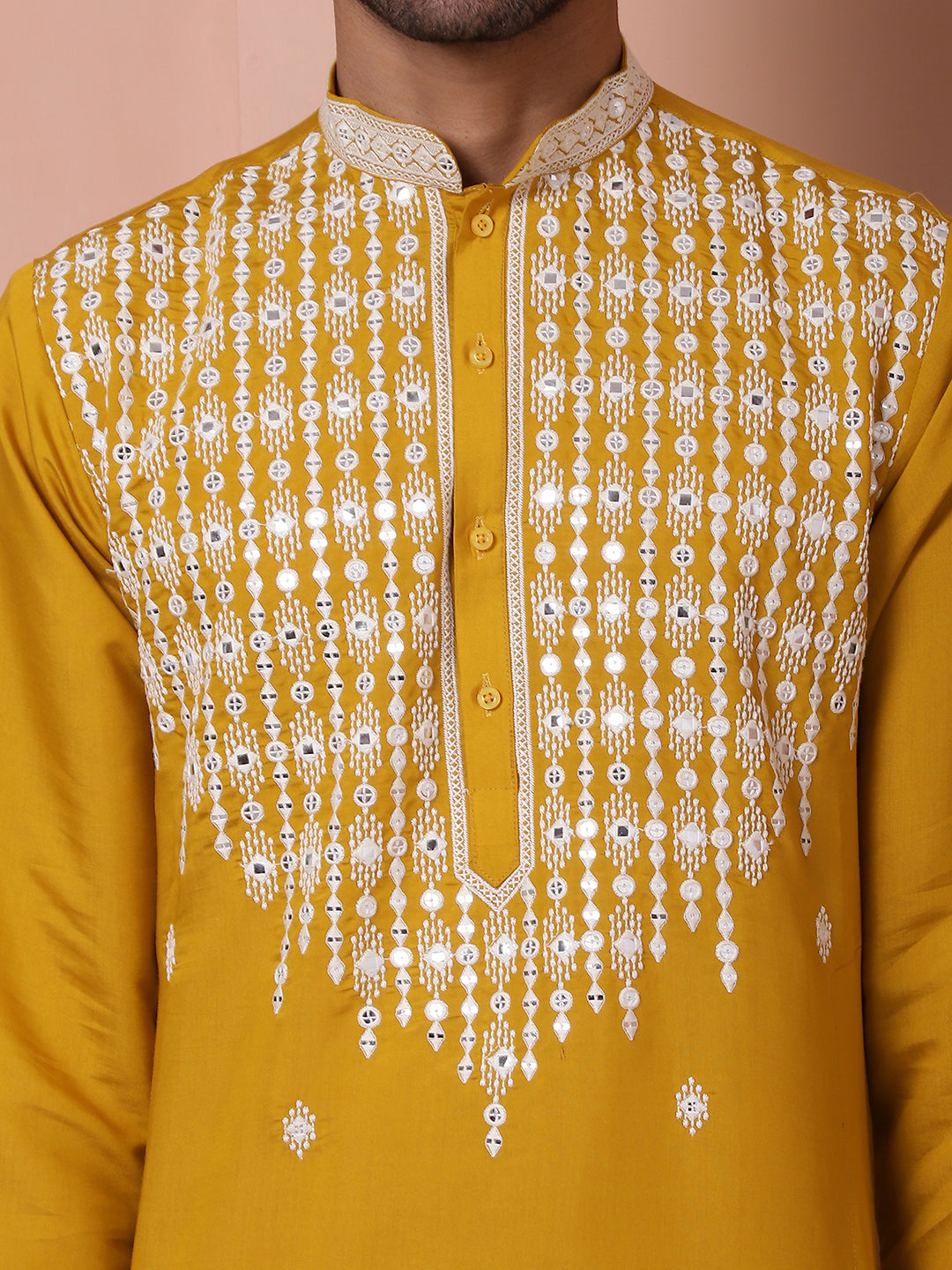 Mustard Embroidered With Mirror Work Silk Kurta With Pyjama Set