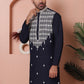 Navy Blue Embroidered With Mirror Work Silk Kurta