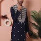 Navy Blue Embroidered With Mirror Work Silk Kurta