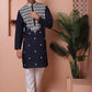 Navy Blue Embroidered With Mirror Work Silk Kurta