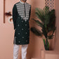 Olive Green Embroidered With Mirror Work Silk Kurta With Pyjama Set