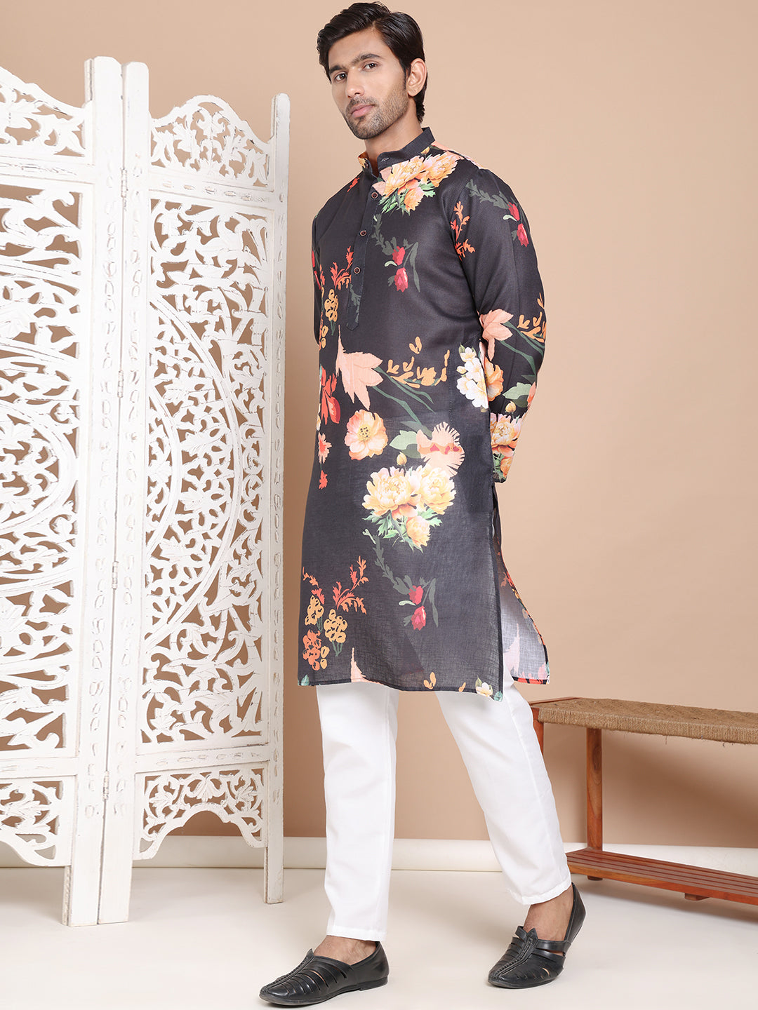 Men's Printed Pure Cotton Kurta Pyjama Set ( JOKP P 5079Black )