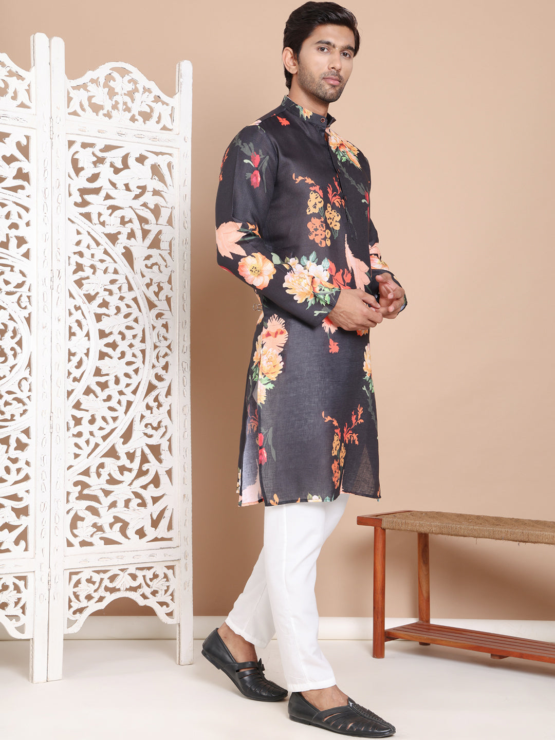 Men's Printed Pure Cotton Kurta Pyjama Set ( JOKP P 5079Black )