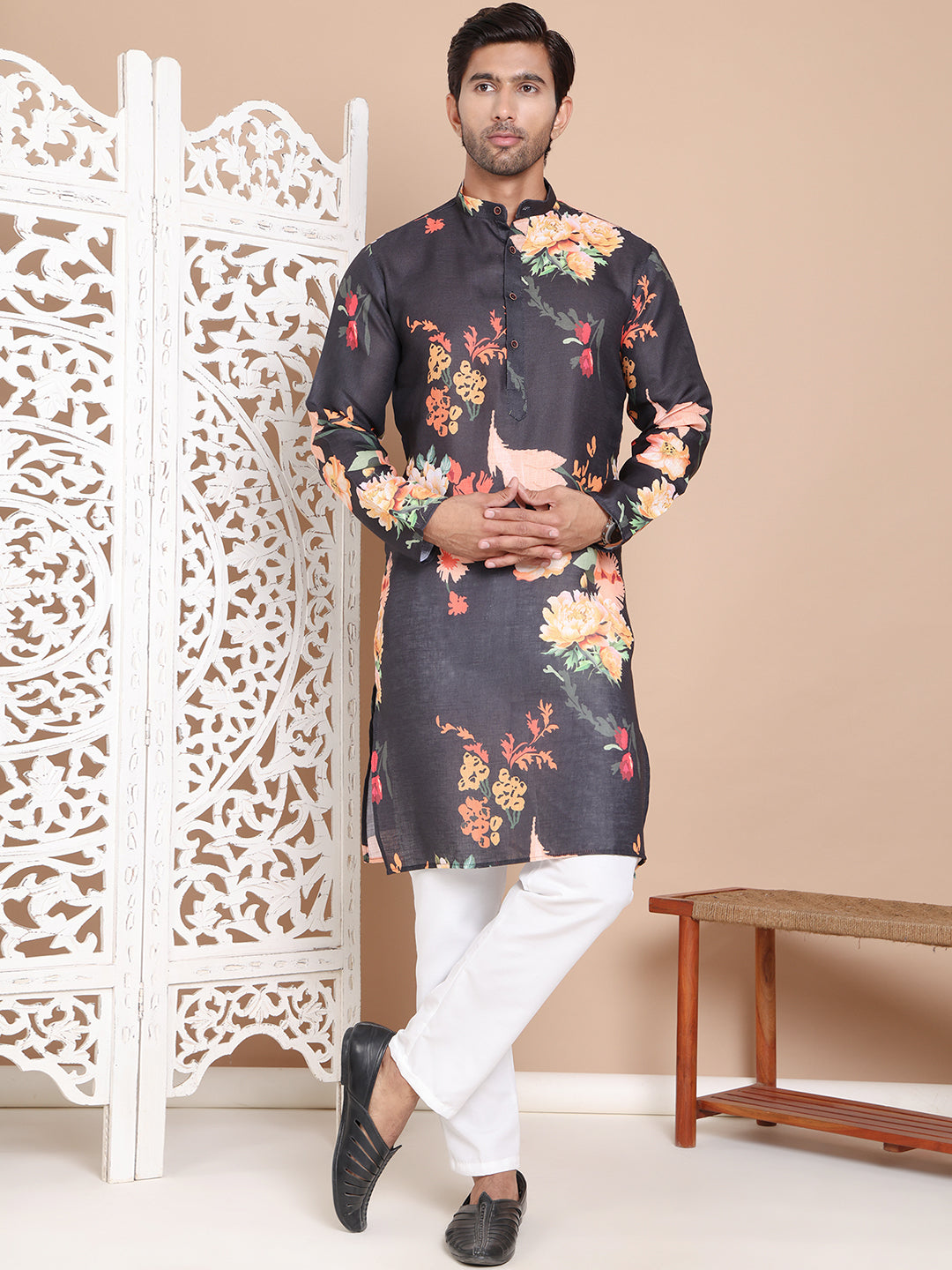 Men's Printed Pure Cotton Kurta Pyjama Set ( JOKP P 5079Black )