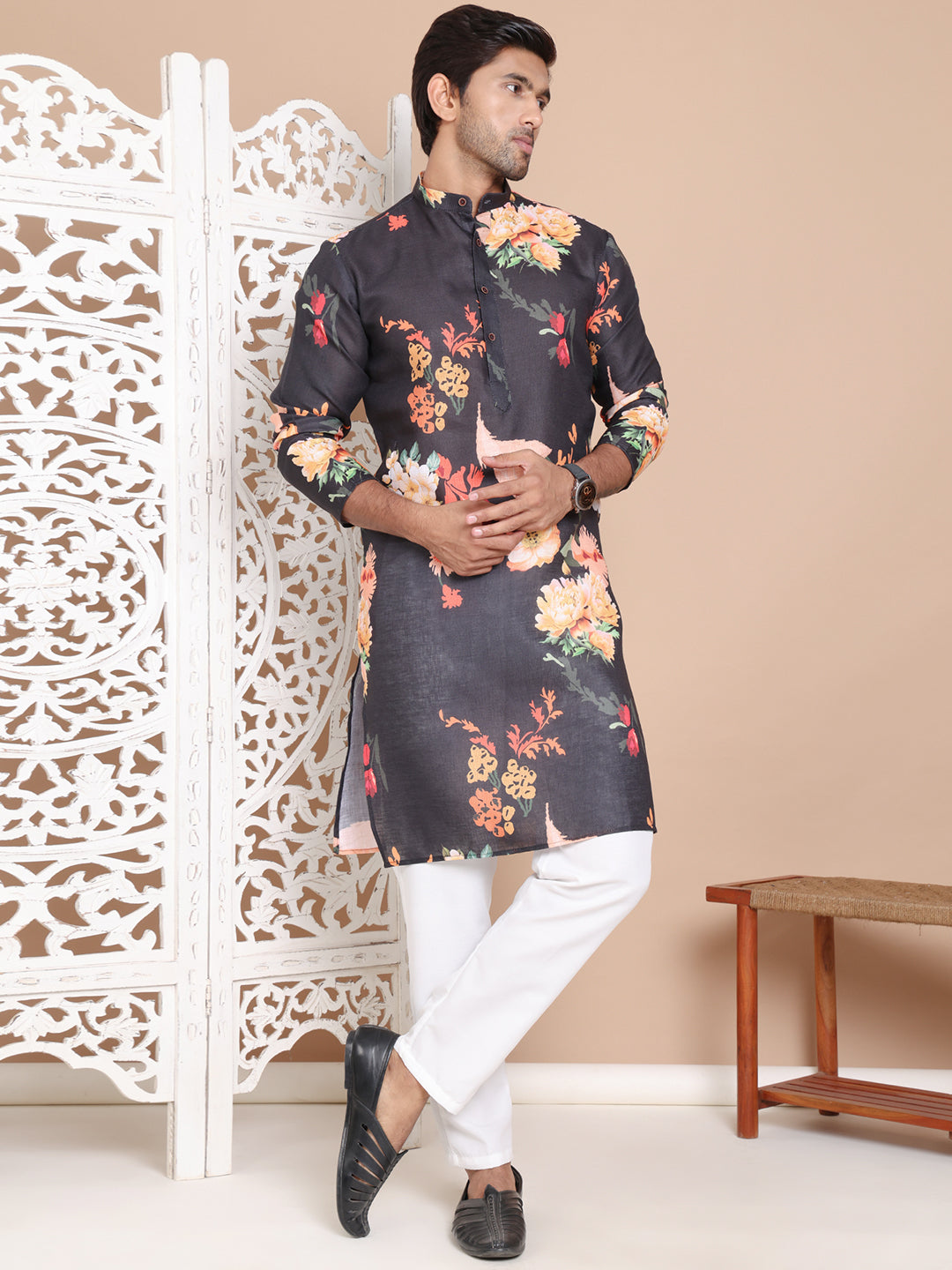 Men's Printed Pure Cotton Kurta Pyjama Set ( JOKP P 5079Black )