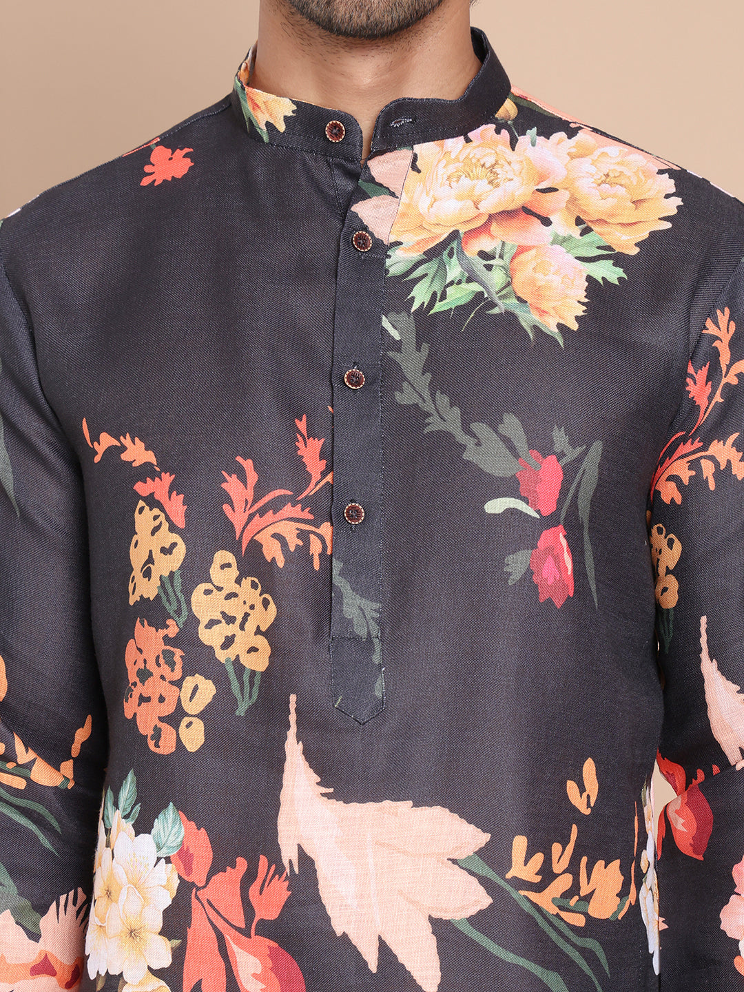 Men's Printed Pure Cotton Kurta Pyjama Set ( JOKP P 5079Black )