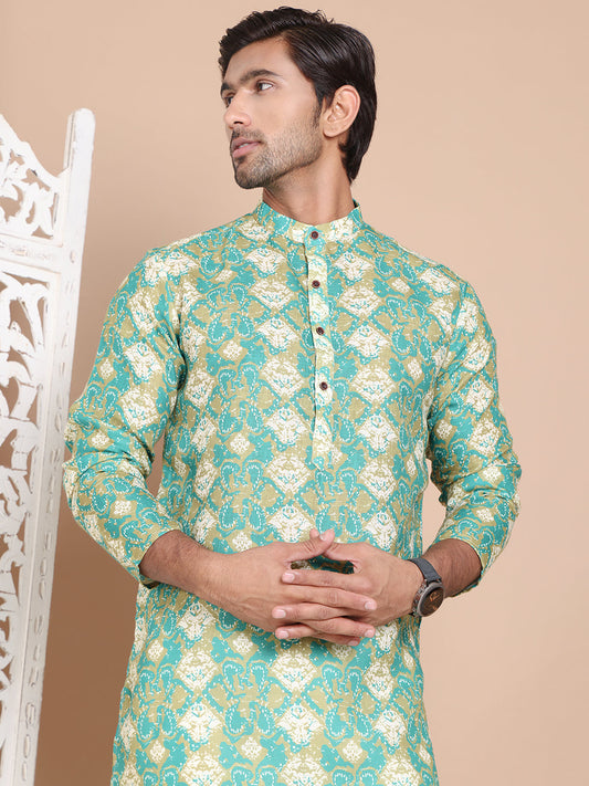 Men's Printed Pure Cotton Kurta Pyjama Set ( JOKP P 5079Green )