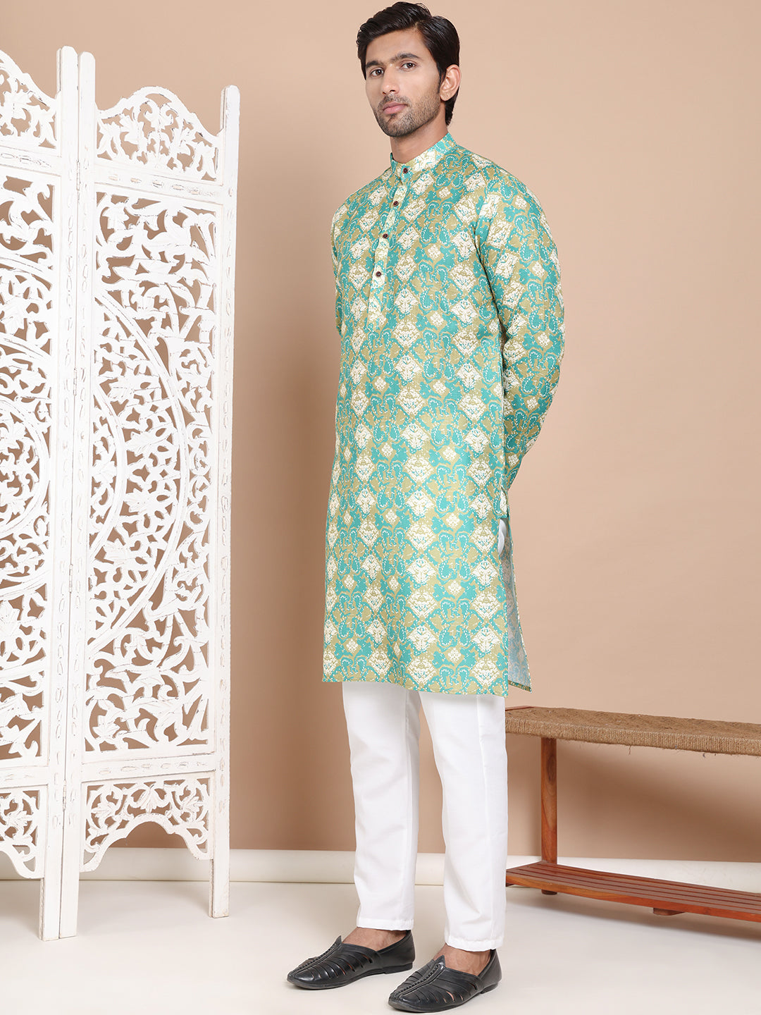 Men's Printed Pure Cotton Kurta Pyjama Set ( JOKP P 5079Green )