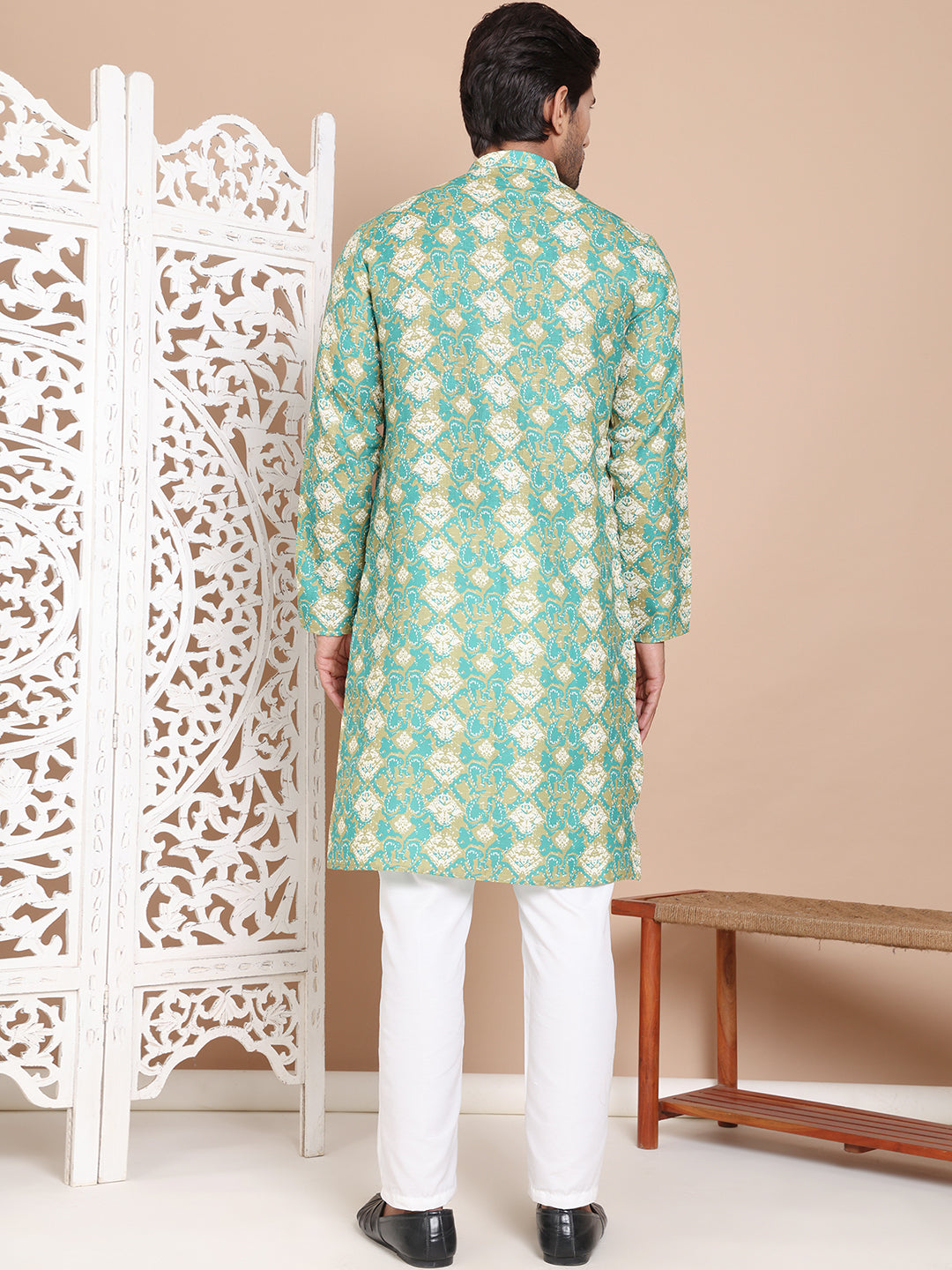 Men's Printed Pure Cotton Kurta Pyjama Set ( JOKP P 5079Green )