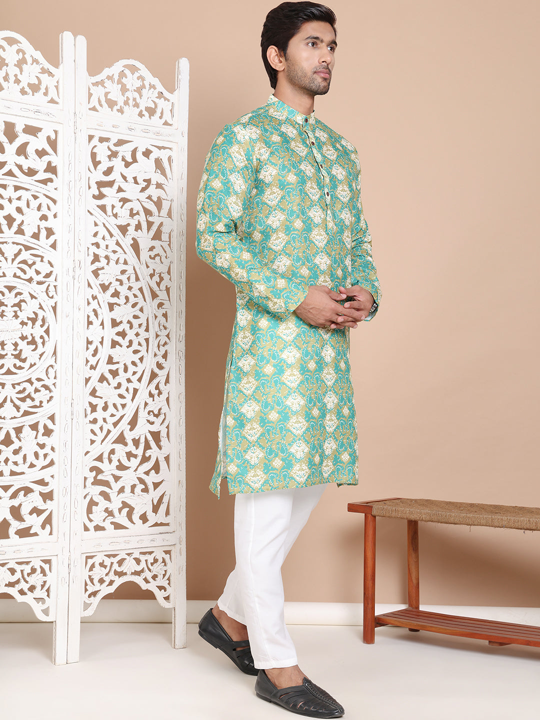 Men's Printed Pure Cotton Kurta Pyjama Set ( JOKP P 5079Green )